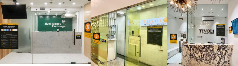 (Left to Right) Tivoli Money Exchange outlets in Trinoma, Glorietta 2, and Okada Manila