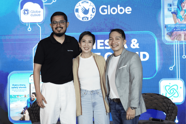 AI Fiesta CEO and co-founder Mohammad Hasan, Globe Chief Marketing Officer KD Dizon, and Globe VP Product Experience Group Coco Domingo